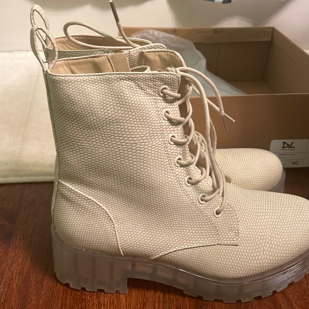 Lizard skin print cream combat boots